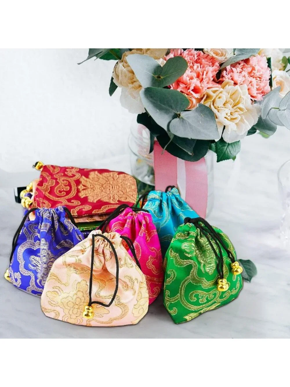 Embroidered Silk Brocade Drawstring Jewelry Pouch Bag - 30 Pcs Set